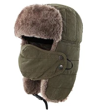  Warm Trapper Hat Windproof Winter Russian Hats with Mask Ushanka Hat Army Green