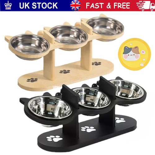 Cat Dog Food Feeding Stand Station Stainless Three Raised Bowls Wooden Holder