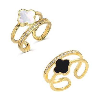Gold Four Leaf Clover Ring for , Dainty Statement Adjustable Open Cubic Zirco...
