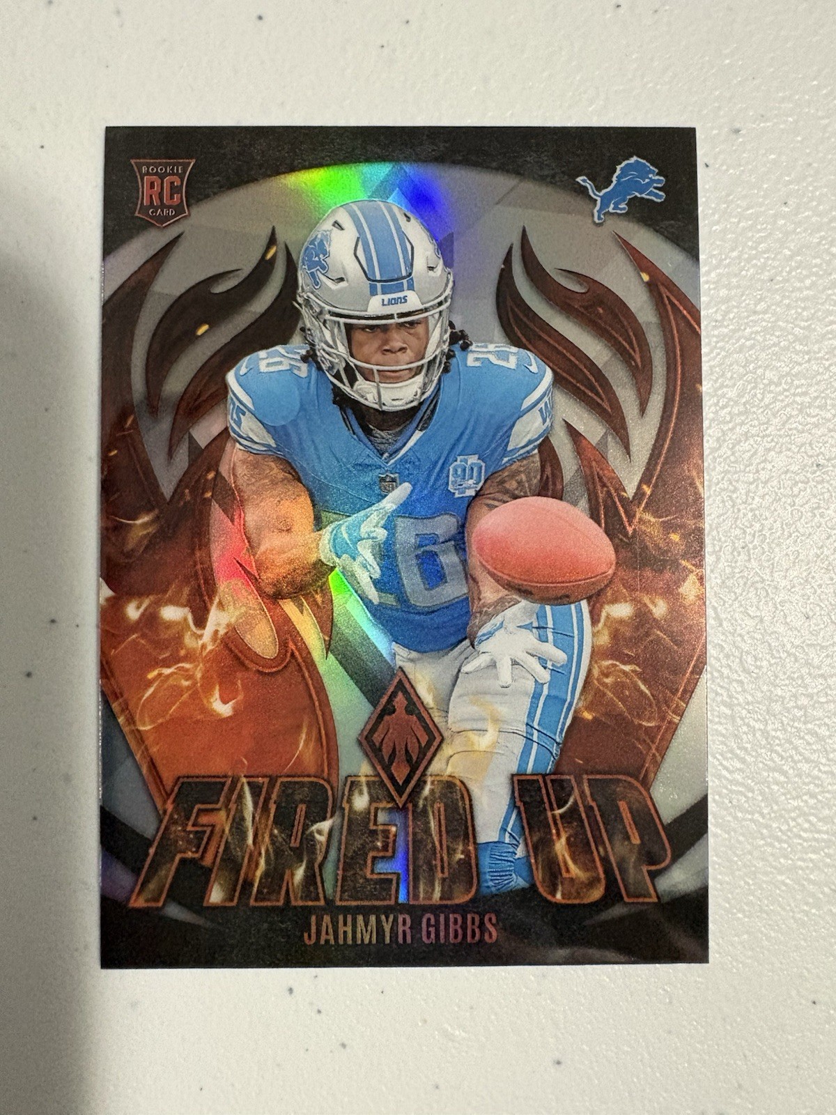 Jahmyr Gibbs (RC) 2023 Panini Phoenix Fired Up Silver SP Lions RC