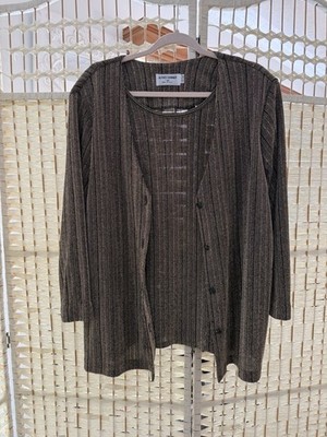 Alfred Dunner Women's Size 18 Black/Gold Rib-Knit Striped Button Cardigan