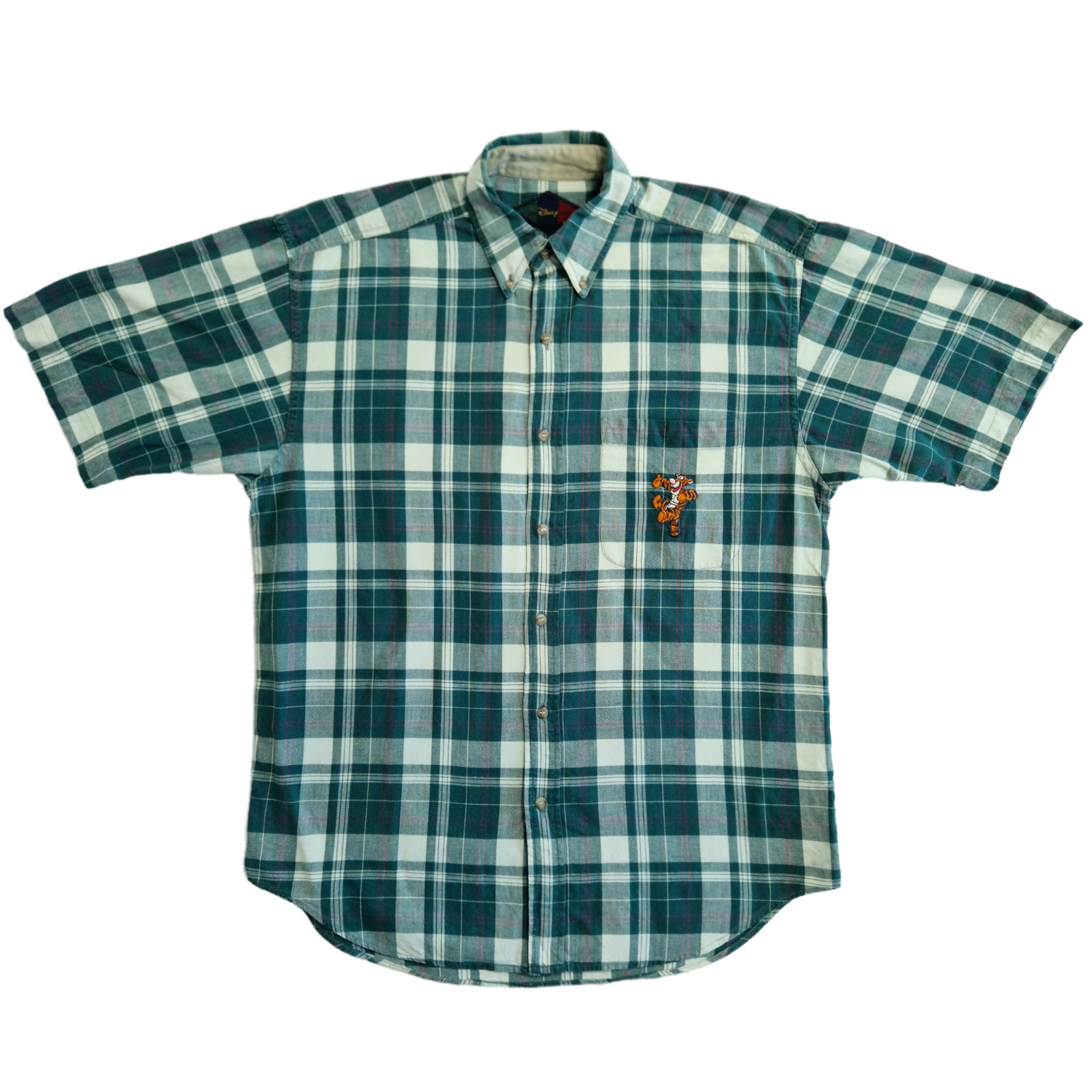 Camisa Disney Store para hombre L verde tigre botones a cuadros manga corta