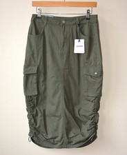 EX NEW LOOK KHAKI GREEN DENIM DRAWSTRING RUCHED SIDES CARGO MIDI SKIRT SIZE 8-18