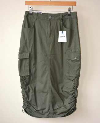 EX NEW LOOK KHAKI GREEN DENIM DRAWSTRING RUCHED SIDES CARGO MIDI SKIRT SIZE 8-16