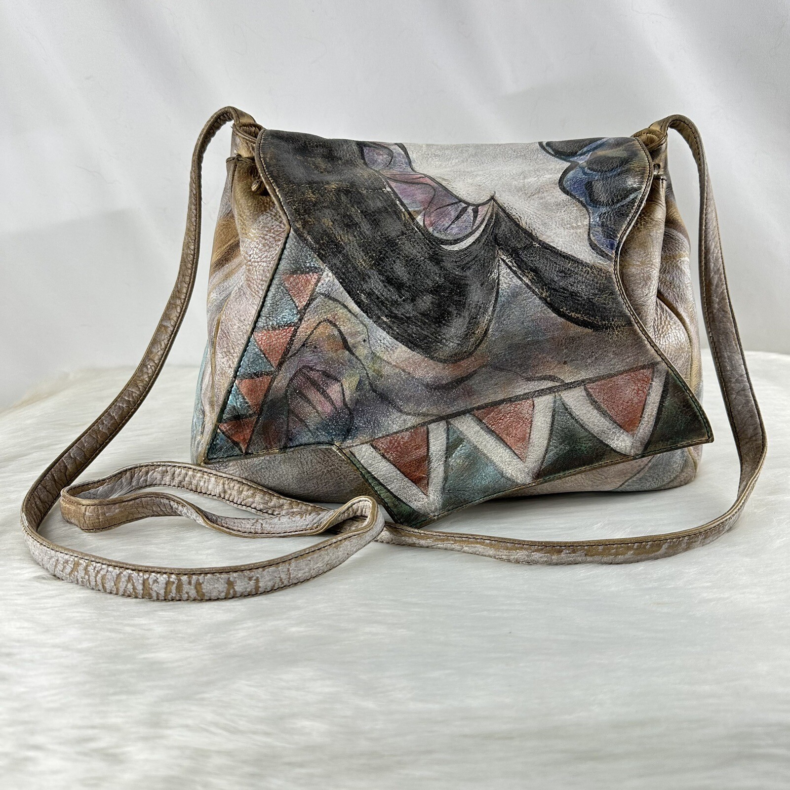 Jane Yoo Wearable Art hand painted leather purse crossbody abstract