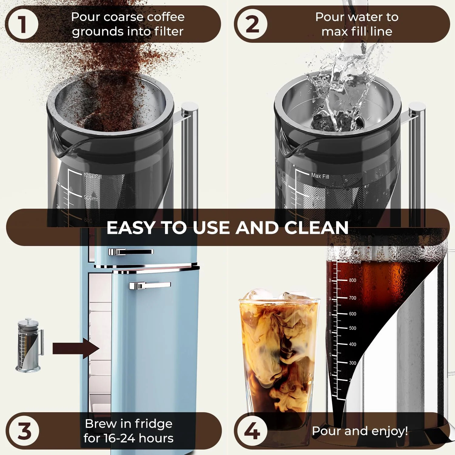 Cafe Du Chateau Cold Brew Coffee Maker - 34oz Airtight Iced Coffee & Tea Pitcher