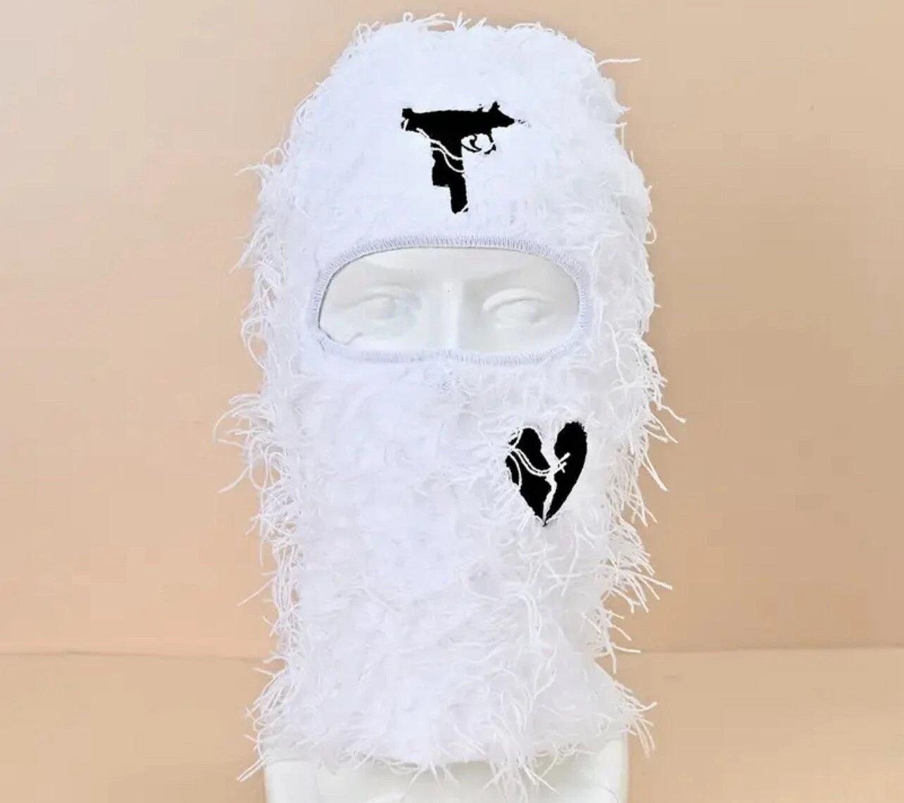 Balaclava Full Face Mask Ski Mask Winter With Uzi And Broken Hearts White