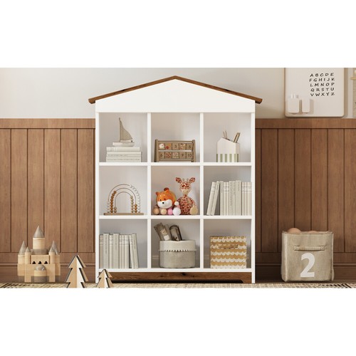 House-shaped Storage Rack with Nine Compartments, Three-layer Bookshelf, Brown - Picture 10 of 10