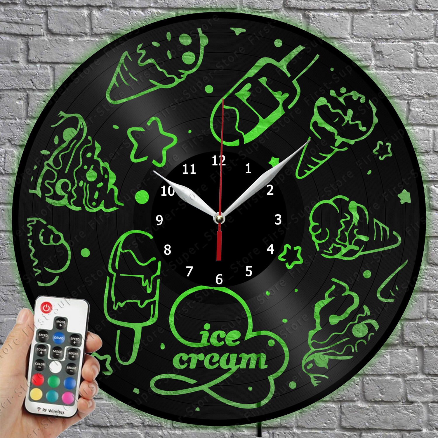 LED Light Up Vinyl Record Wall Clock Ice Cream Design Silent LED Clock 1695
