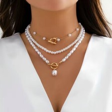 Women Faux Pearl Chain Necklace Layer Choker Gold Necklace Pendant Fashion