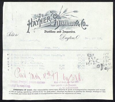 c1888 Hayner Distilling Dayton, OH Billhead Cases of Rye Peach Brandy Sour Mash