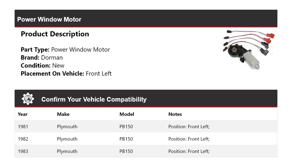 Para 1981-1983 Plymouth PB150 Dorman motor de janela de energia dianteiro esquerdo 1982 - Imagem 2 de 4