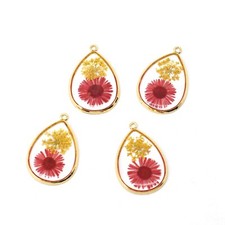 4PCS Gold Tone Real Dry Flower Resin Teardrop Shape Charm Pendant SupplyGBY905-2