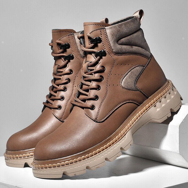 Men's Round Toe Lace-Up Leather Ankle Boots Non-Slip Work Hiking Shoes