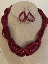 Paparazzi Red Seed Bead Multi Strand Twist Necklace And Earrings