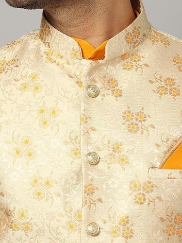 Men's Silk Blend Kurta & Churidar Pyjama With Ethnic Bundi Jacket | 3 In 1 | - Imagen 129 de 182