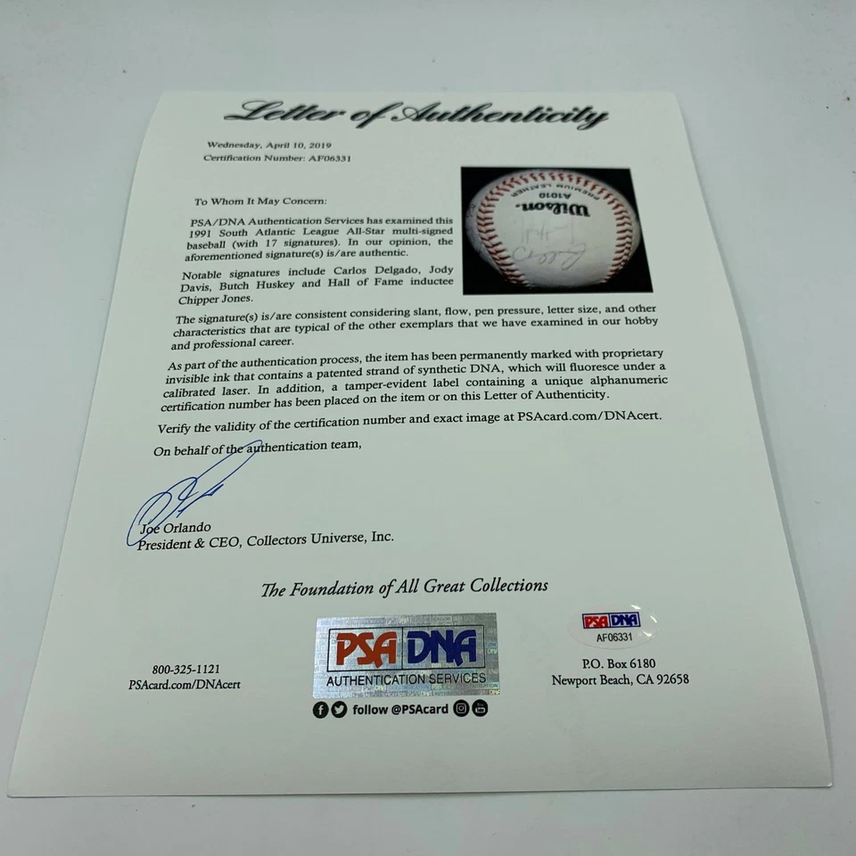 Extraordinary 1991 Chipper Jones Pre Rookie All Star Team Signed Baseball PSA - Image 2 of 4
