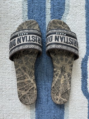 Christian Dior Paris Dway Black & Natural Embroidered Cotton Slide Women 38