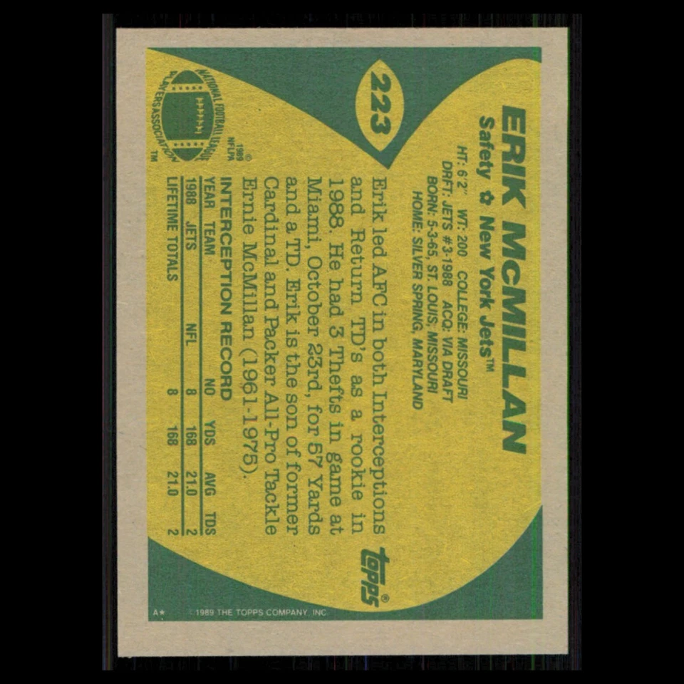 Erik McMillan Rookie #223 1989 Topps New York Jets Football Card NFL NM - Image 2 of 3