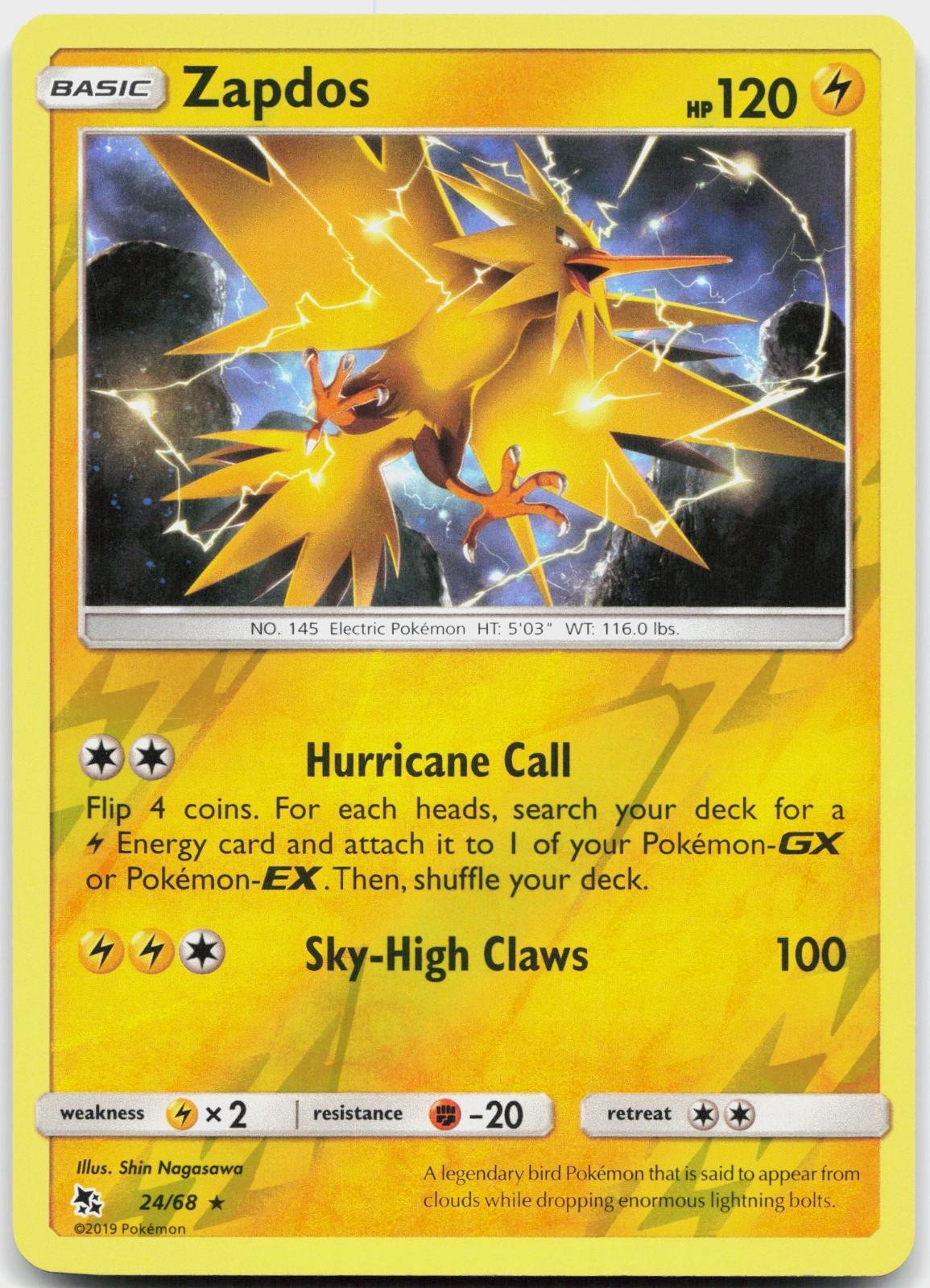 Zapdos 24/68 Holo Rare Hidden Fates Pokemon Reverse Holo Near Mint
