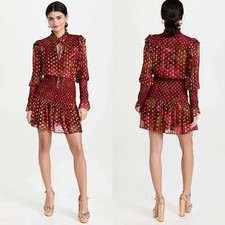 FARM RIO Red Banana Flowers Smocked Mini Dress Red Gold Metallic Dots, Medium