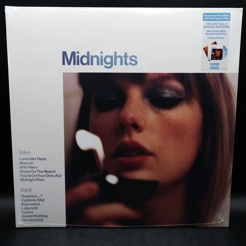 Signed NEW SEALED Taylor Swift Midnights Moonstone Blue Vinyl Autograph Insert
