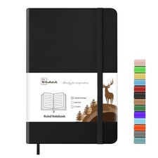 Wiisdatek Notebook Journal, Lined Leather Hard Cover,100Gsm A5 Lined, Black