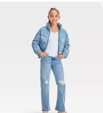 Girls' Solid Blue/Gray Shiny Puffer Jacket - Art Class Small 6/7