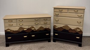 Hand Painted Mountain Dressers Set, 10 & 7 Drawers, Beige, Gold Handles