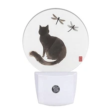 Cat and Dragonflies Plug-in Nightlights Ink Painting Night Light Plug into Wa...