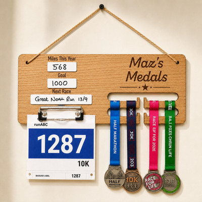 Personalisierter Laufmedaillen- & Latzhalter, Renntracker, Marathonläufer Geschenkidee