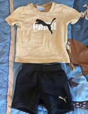PUMA Yellow T-Shirt & Black Shorts Logo Set Unisex Baby & Toddler Outfit