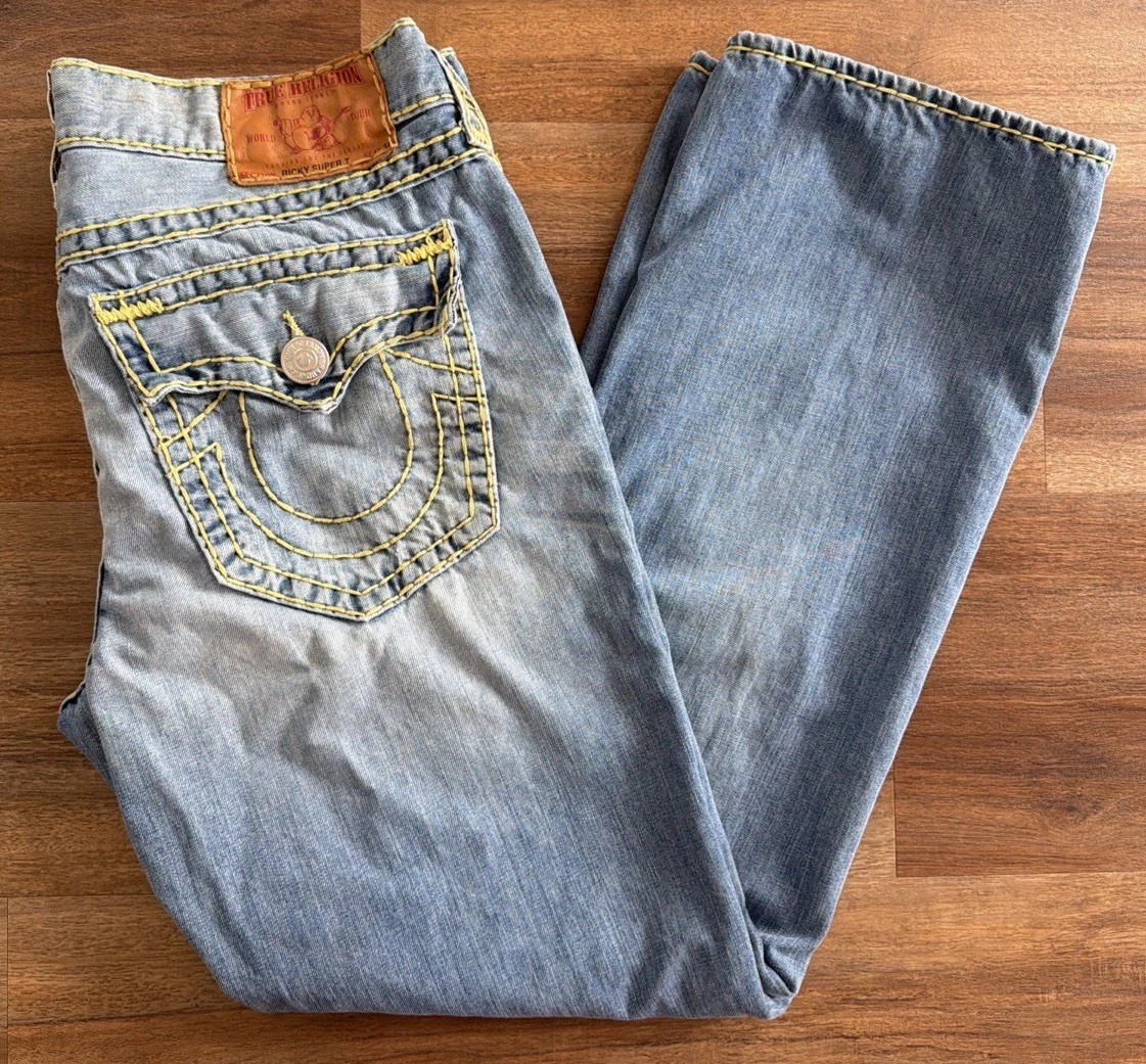 True Religion Ricky Super T Jeans Mens 38 Blue Denim Yellow Stitch Vintage Y2K