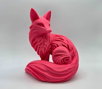 6 Inch 3D Printed Fox Sculpture | Wood Carved Texture Finish | Hot Pink