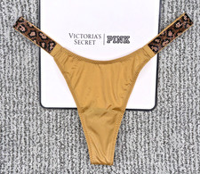 Victoria's Secret Muy Sexy Nuevo Con Etiquetas Pequeño Dorado Leopardo Brillo Correa Tanga Panty Bling