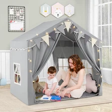 3-4 Kids Large Play Tent House W/ 2 Opening Doors Star Lights & Plaid Pennants