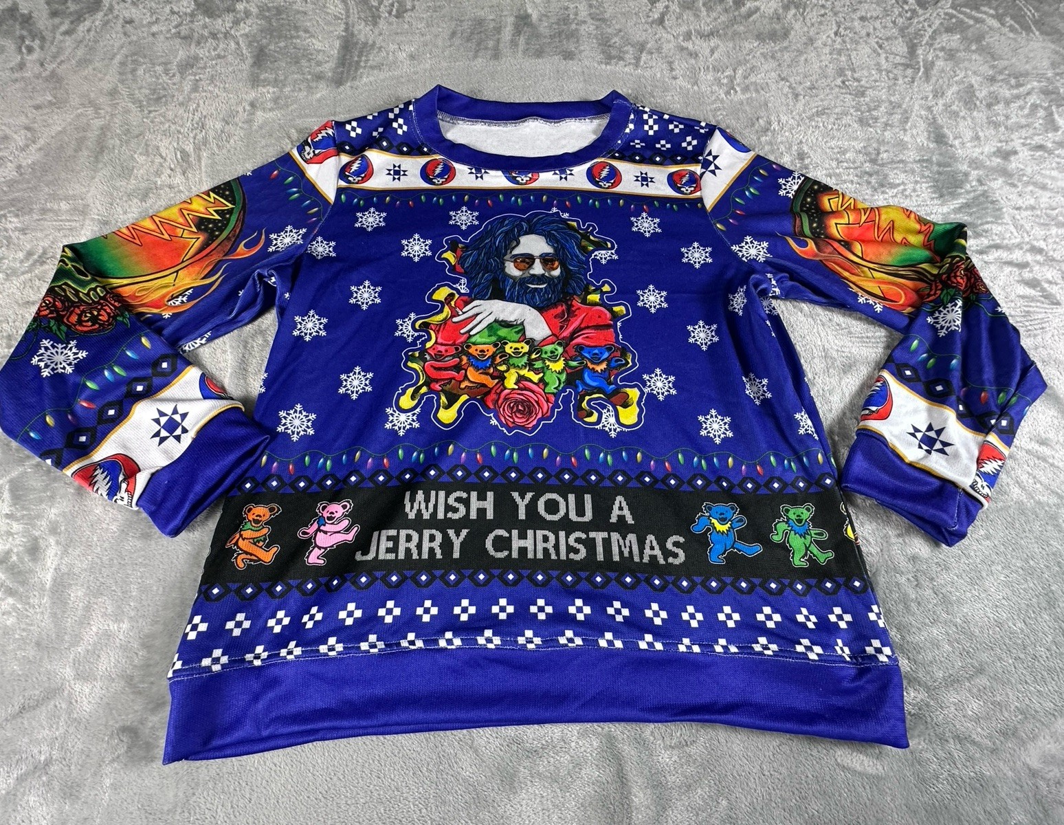 Mens Ugly Christmas Sweatshirt Psychedelic Bear SIZE SMALL Blue Retro Bears