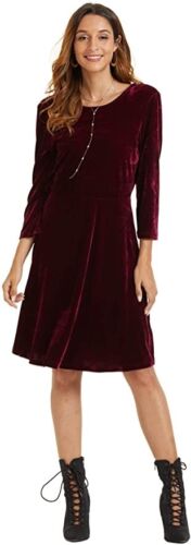 Vestido grande nuevo con etiquetas para mujer Sonja Betro terciopelo borgoña doble cuello redondo ajuste y acampanado - Imagen 3 de 5