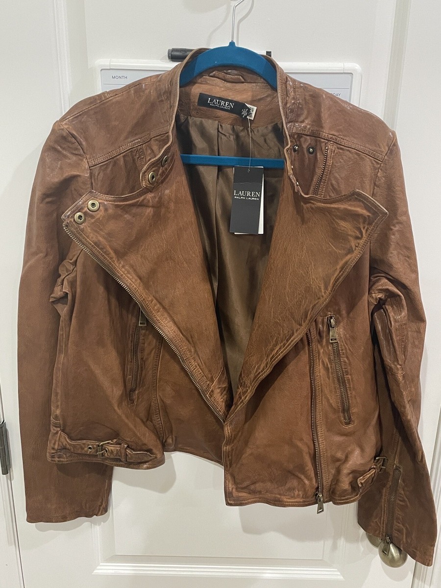 $495 Polo Ralph Lauren Lamb Leather Moto Jacket Dark Walnut