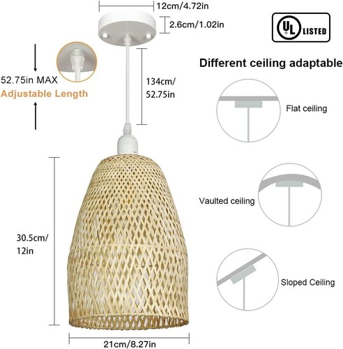 Hand-Woven Pendant Light Rattan Beige Adjustable Natural Woven Bamboo E26 - Picture 7 of 9
