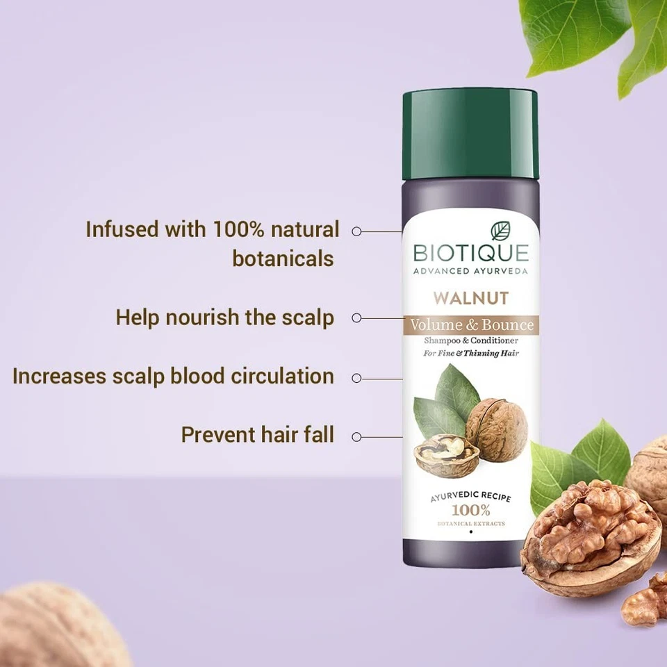 Champú y acondicionador Biotique Walnut Volume & Bounce para adelgazar el cabello 190 ml Foto 3 de 4