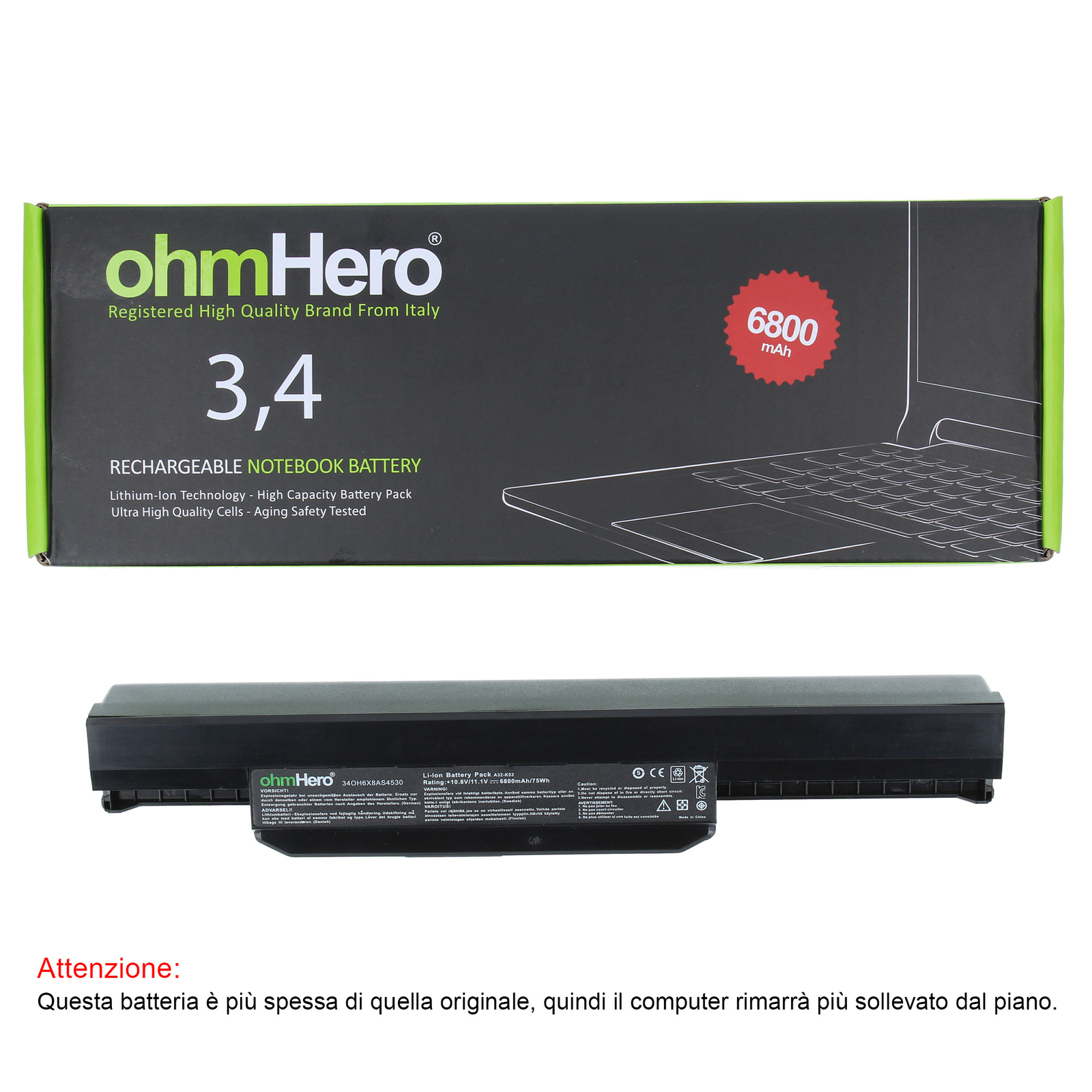 Dimentica l'Alimentatore! Batteria OhmHero 6800mAh per Asus X54L