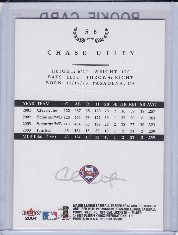 CHASE UTLEY ROOKIE CARD Philadelphia Phillies Baseball FLEER INSCRIBED RC - Image 2 of 2