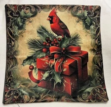 Vintage Cardinal Bird Christmas Throw Pillow Cover Winter Holiday Home Decor 18”