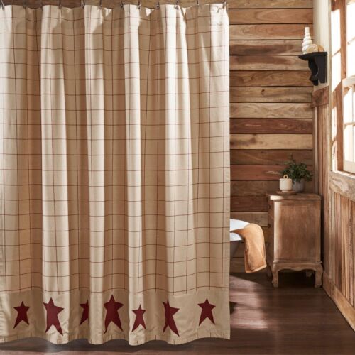 Connell Creme Burgundy Primitive Stenciled Star Country Farmhouse Shower Curtain - Picture 1 of 4