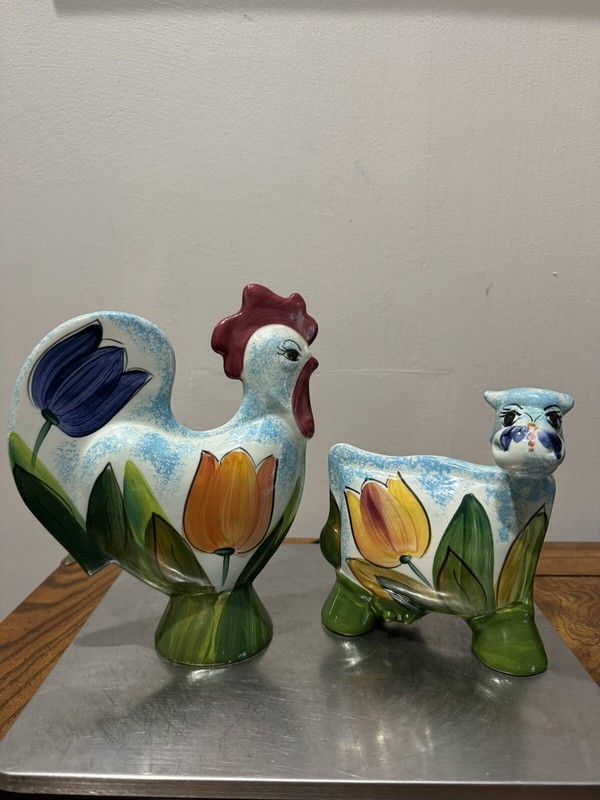 Lot Of 2 - Turov Art  - Cow And Rooster Hand Painted Ceramic