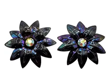 Black Multi Petal Iridescent Meta Flower with AB Crystal Center Clip On Earrings