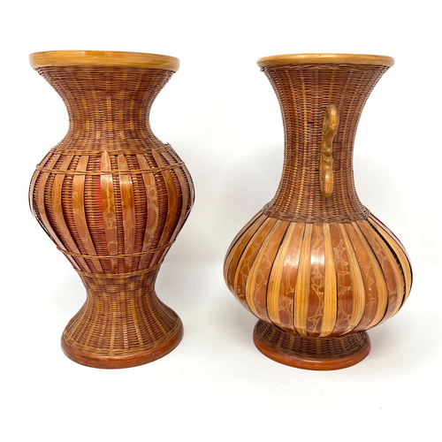 2 Vintage Shanghai Handicrafts Woven Vases Cane Rattan Bamboo Lacquer Wood Decor - Picture 3 of 12