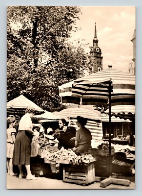 Women at Food Market Striped Umbrellas Am Viktualienmarkt Munich Germany RPPC
