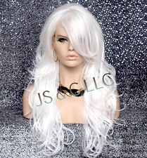 Human Hair Blend Full WIG HEAT OK WAVY Long Layered Bangs WBCA White